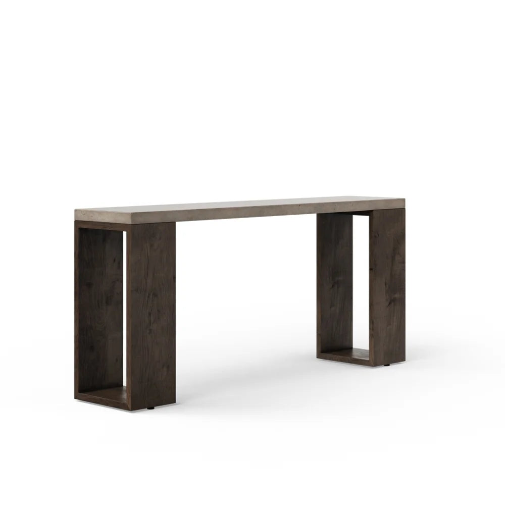 Outdoor console table with gray concrete top and dark wood legs on a white background