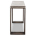 Side-view of gray concrete outdoor console table with dark wood legs on a white background