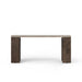 Concrete outdoor console table with dark wood legs on a plain white background