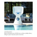 UV20 Rated Resin basketball hoop pool float toy shown on a swimming pool with a modern outdoor patio and blue lounge chairs in the background. The product is made of UV20 rated resin, rated to withstand up to 20,000 hours of direct sunlight without fading.