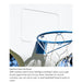 Close-up of a basketball hoop with a white net and a clear rectangular panel mounted above a blue rim, with text below describing stainless steel hardware.