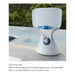 A white outdoor basketball hoop chair with a blue rim and white net, shown beside a pool with a scenic garden background. Text below reads 'Luxurious Look' and describes the sleek design as an ideal addition to an outdoor oasis.