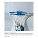 Powder-coated metal basketball hoop with a blue rim and white net, mounted on a white backboard. Text below highlights the powder-coated metal rim and durability.