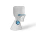 A modern white plastic indoor basketball hoop with a blue rim, white net, and a blue ball on the base, shown against a plain white background.