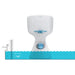 A white and blue water-based basketball hoop toy with a ball inside, shown above a blue water-zone graphic with a drift zone marker and height scale on a white background.