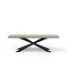 Rectangular concrete outdoor dining table with black angular metal legs on a white background