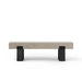 Front-view of gray concrete patio bench with black metal legs on a white background