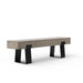 Concrete patio bench with black steel legs on a white background