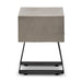 Side-view of gray square concrete outdoor side table or stool with black steel legs on a white backgorund