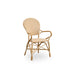 Natural rattan outdoor dining armchair featuring beige and white chevron woven wicker seat and back.