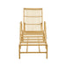 Natural rattan outdoor sun lounger in a light tan finish featuring an open slatted backrest and armrests.