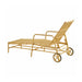 Natural rattan outdoor sun lounger with rear wheels, adjustable backrest and open slatted frame.