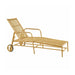 Natural rattan outdoor sun lounger with rear wheels, adjustable backrest and open slatted frame.