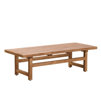 Natural teak outdoor coffee table with a rectangular slatted top and straight plank legs.