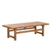 Natural teak outdoor coffee table with a rectangular slatted top and straight plank legs.