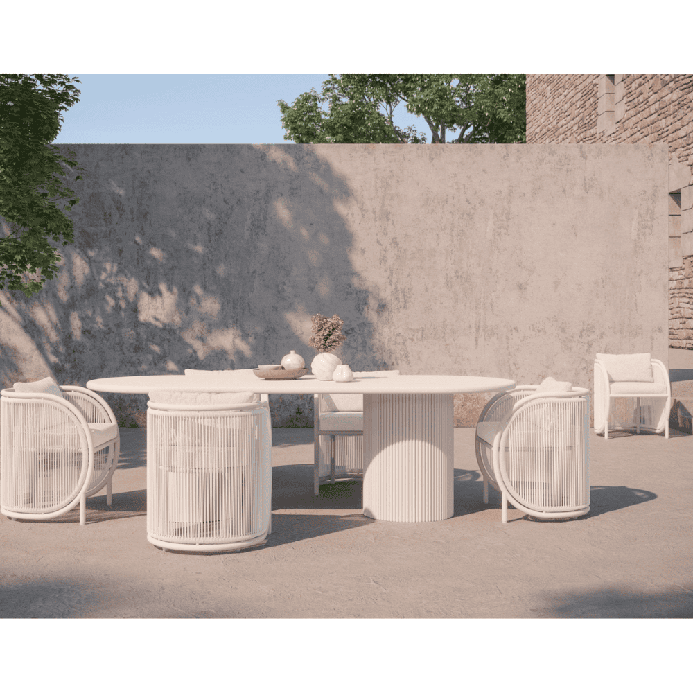 Boxhill's Kamari Outdoor Dining Chair lifestyle image with Palma Dining Table