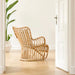 Natural rattan outdoor lounge chair viewed from the angled rear beside a potted plant indoors.