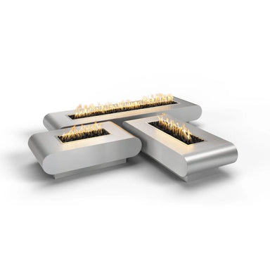 Three metal outdoor curved rectangular fire pits in different sizes with lava rocks and flames rising from the top