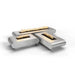 Three metal outdoor curved rectangular fire pits in different sizes with lava rocks and flames rising from the top