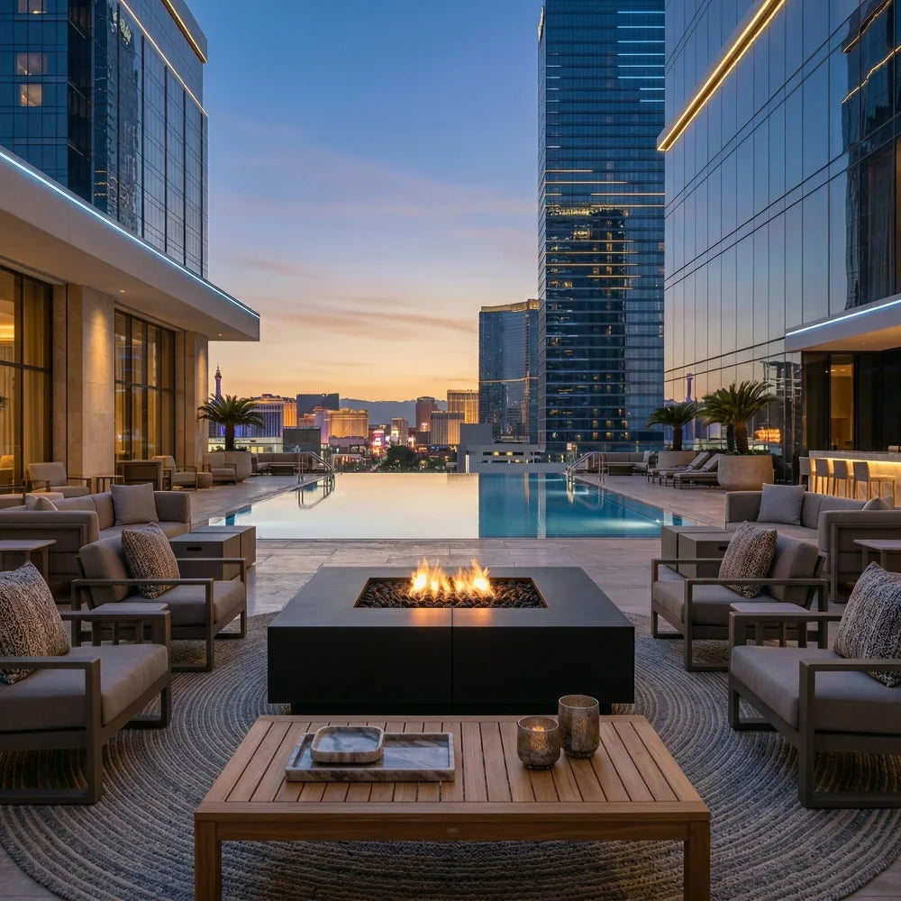 Modern outdoor patio seating area at dusk with a central black fire pit, wooden coffee table, gray lounge chairs, and an infinity pool overlooking a city skyline between tall glass buildings.