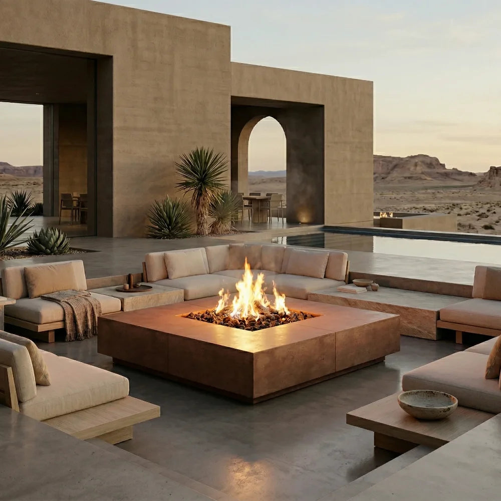 A modern outdoor patio scene with a large square fire pit table in the center, surrounded by low-profile sectional seating in light beige upholstery. The setting is a desert courtyard with concrete architecture, potted plants, and distant mountains at sunset.