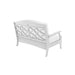A white garden high density polyethylene resin bench with a decorative geometric lattice backrest and a white cushioned seat, shown from a three-quarters angle on a solid white background.