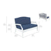 Outdoor high density polyethylene resin loveseat with navy blue cushions and a white frame, shown with dimension callouts and a smaller back view on a white background.