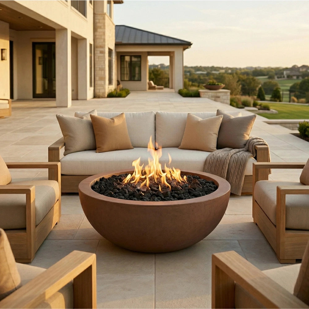 A round concrete fire pit with black stones and active flames, placed in the center of a modern outdoor patio with a light beige sofa and matching chairs.