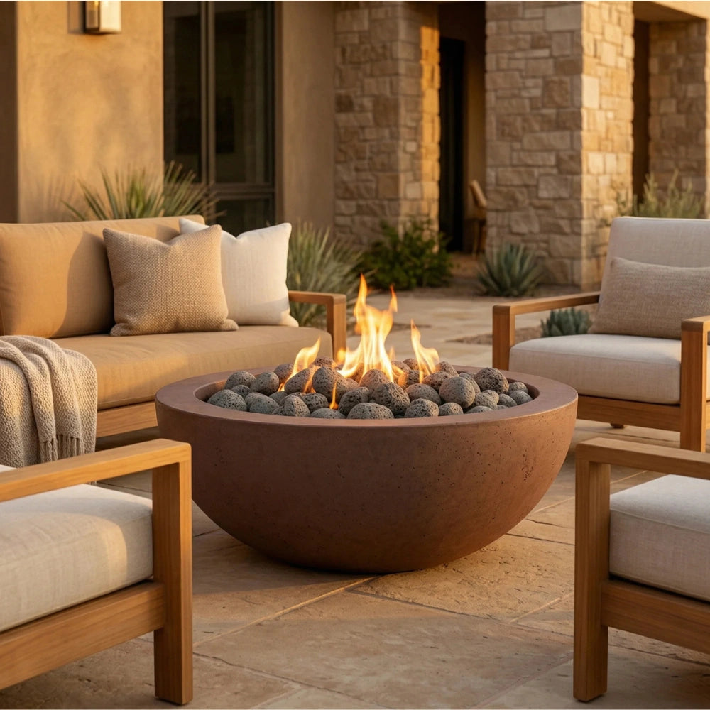 A round outdoor fire pit with a terracotta-colored bowl and glowing flames, filled with dark river rocks, set on a stone patio between modern wooden patio chairs and a sofa in a warm residential backyard setting.