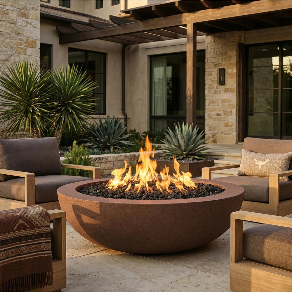 A round dark brown fire pit with black stones and bright orange flames, situated on a stone patio in a modern outdoor living room setting with wooden chairs and plants.