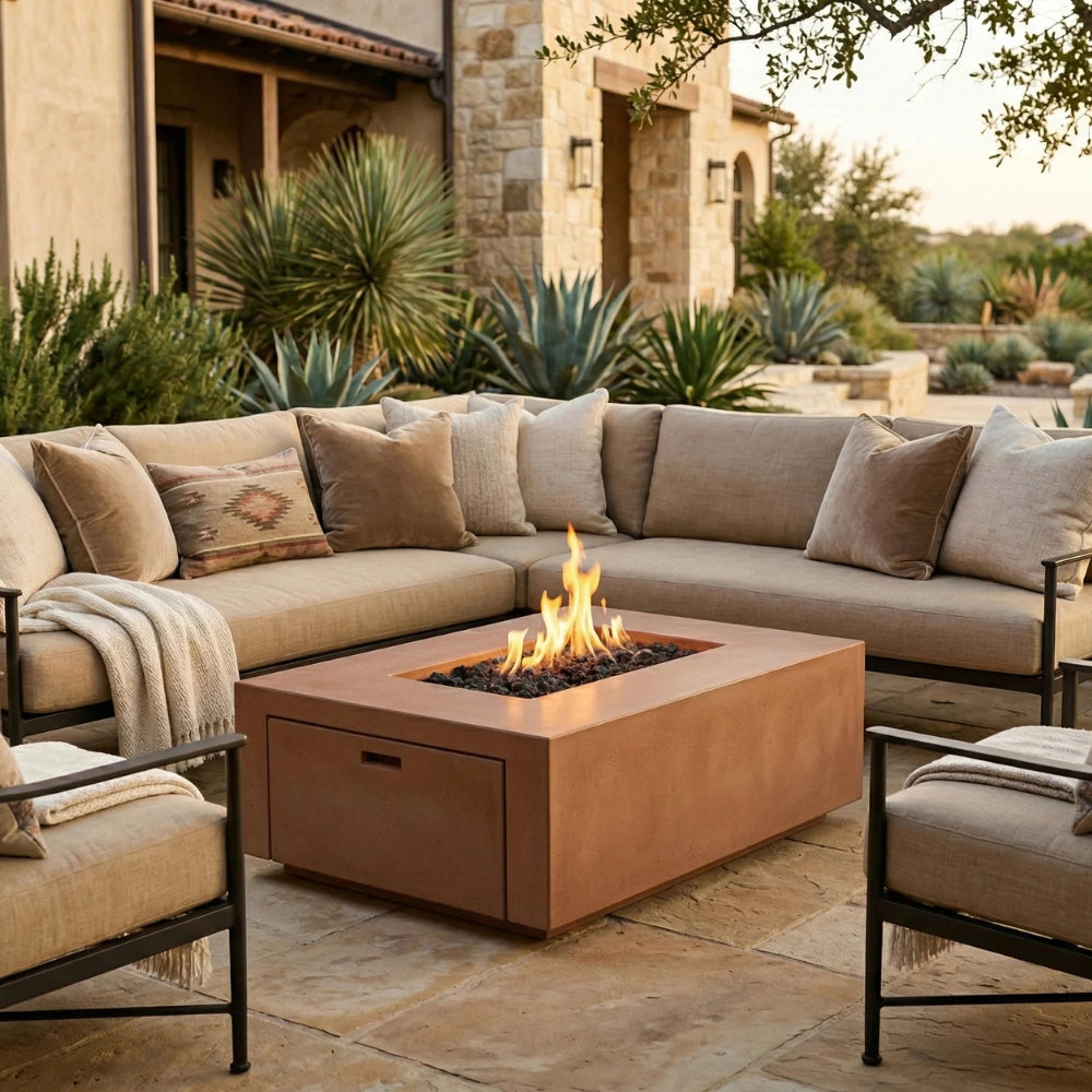 Outdoor patio furniture set with a large sectional sofa, matching armchairs, and a square copper fire pit table with an active flame, set in front of a stone house with plants.