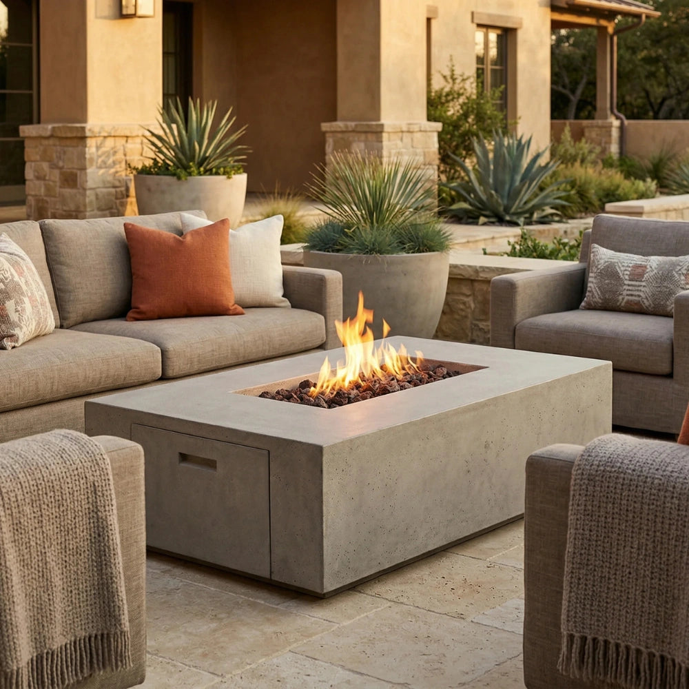 A rectangular concrete fire pit table with a visible flame sits in a styled outdoor patio setting with beige sectional sofas, throw pillows, plants, and a stucco house in the background.