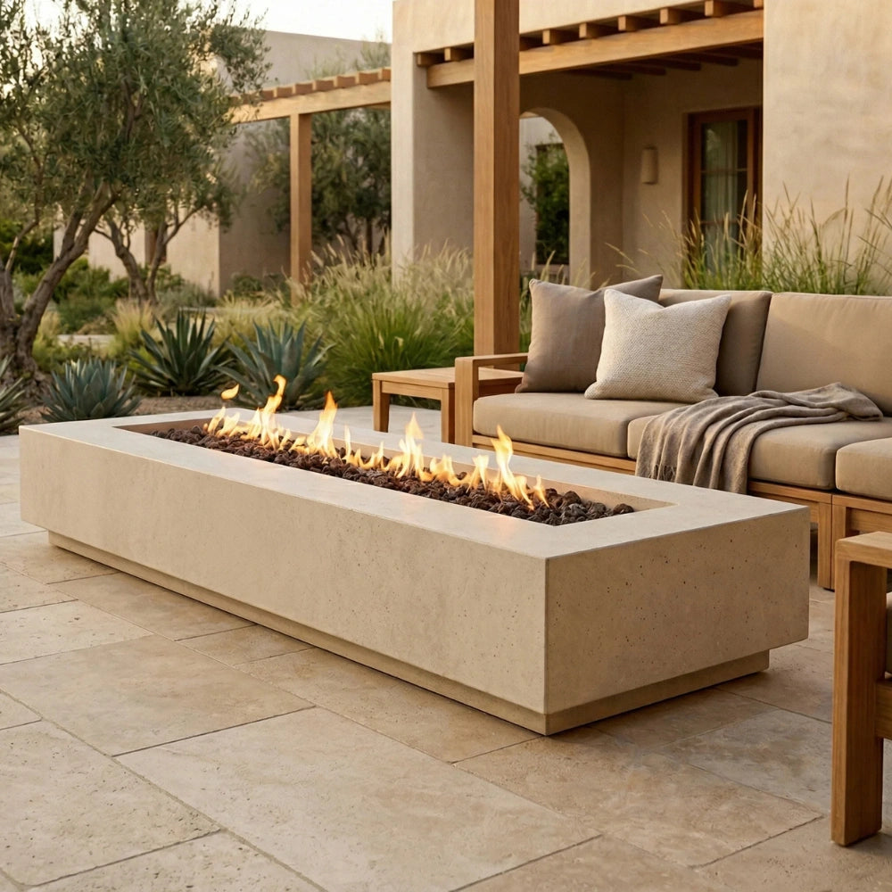 Outdoor patio with a fire pit table and seating area.