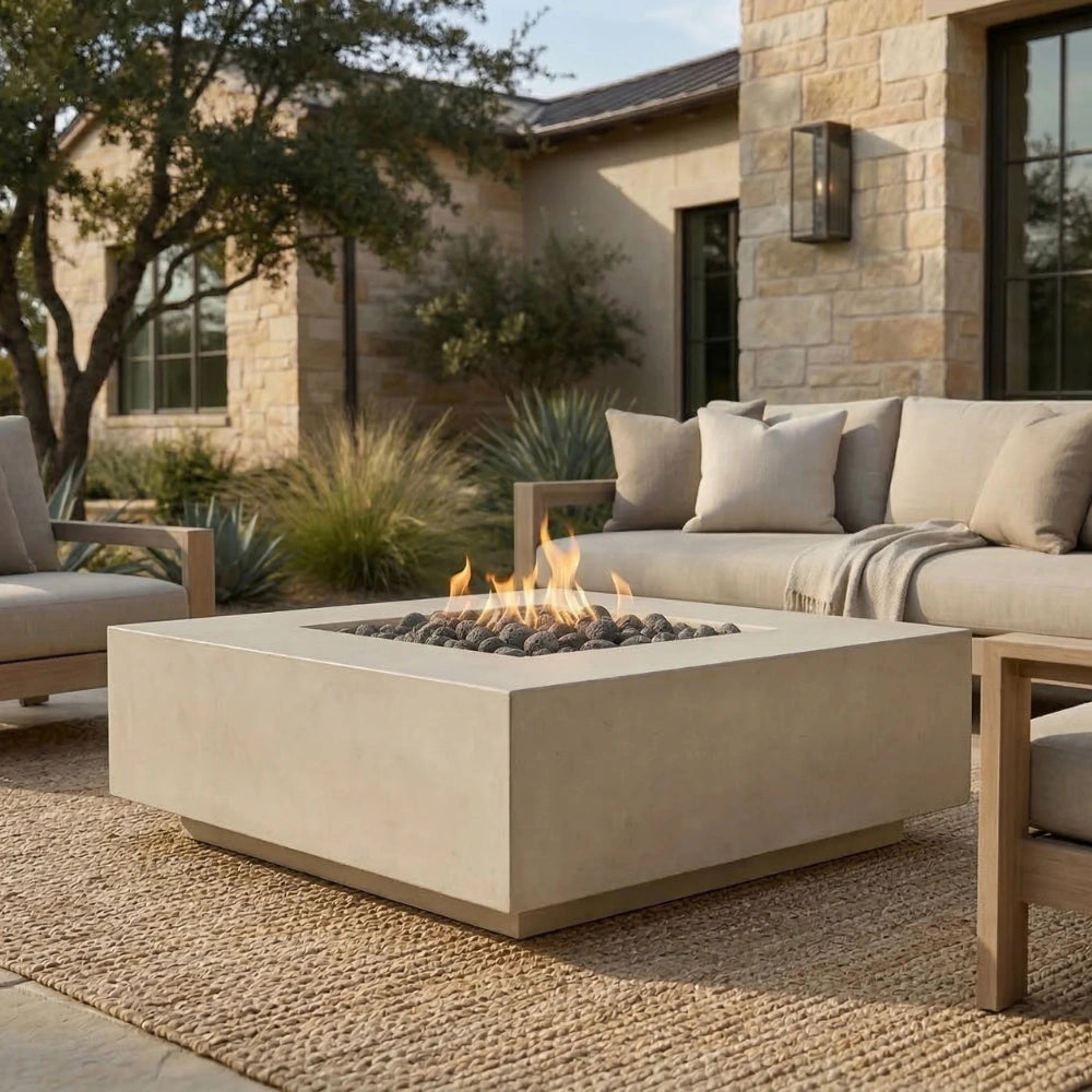 Outdoor patio with white square concrete fire pit table, seating area, and stone wall.