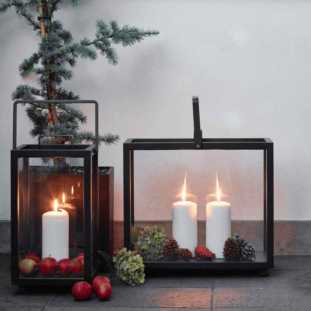 Boxhill's Lighthouse Outdoor Large Aluminum Lantern for Candles | Set of 2 lifestyle image with candle and fruits inside