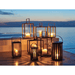 Boxhill's Lighthouse Outdoor Large Aluminum Lantern for Candles | Set of 2 lifestyle image with Lighthouse Outdoor Large Teak Lantern and Lighttube Outdoor Large Lantern at seafront