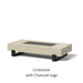 Beige fire pit table with black legs on a white background