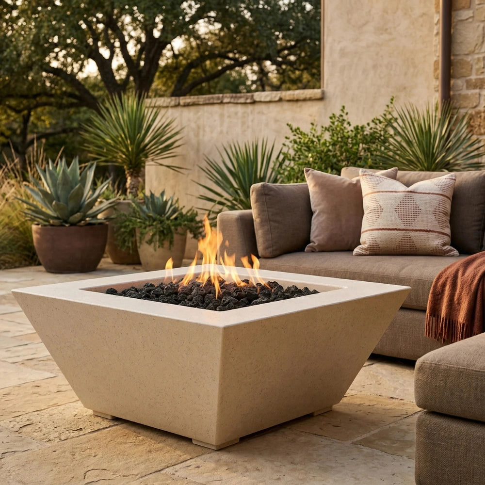 Outdoor patio with a square white concrete fire pit, with couch, and potted plants