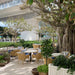 Natural rattan outdoor lounge chair with a matching round dining table in a landscaped garden.
