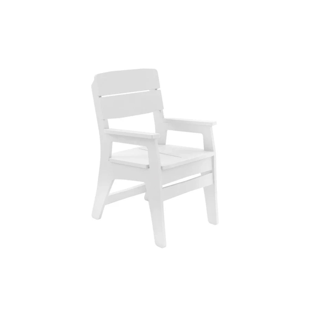 A white wooden armchair with a slatted back and seat, shown from a three-quarter angle against a plain white background.