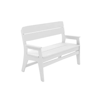 A white wooden garden bench with armrests and a slatted backrest, shown at a three-quarter angle on a plain white background.