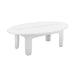 A white oval outdoor coffee table with a recessed center channel on the tabletop and four short block-style legs, shown on a plain white background.