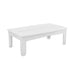 A white rectangular coffee table with a recessed center detail on the tabletop, shown from a three-quarters perspective against a plain white background.