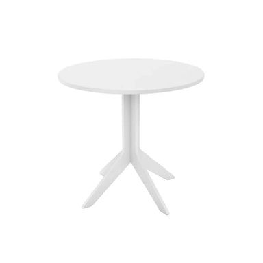 A minimalist white round table with a central pedestal base and three angled legs, shown on a solid white background.