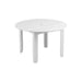 A white round outdoor table with a slatted top and four legs, shown on a plain white background.