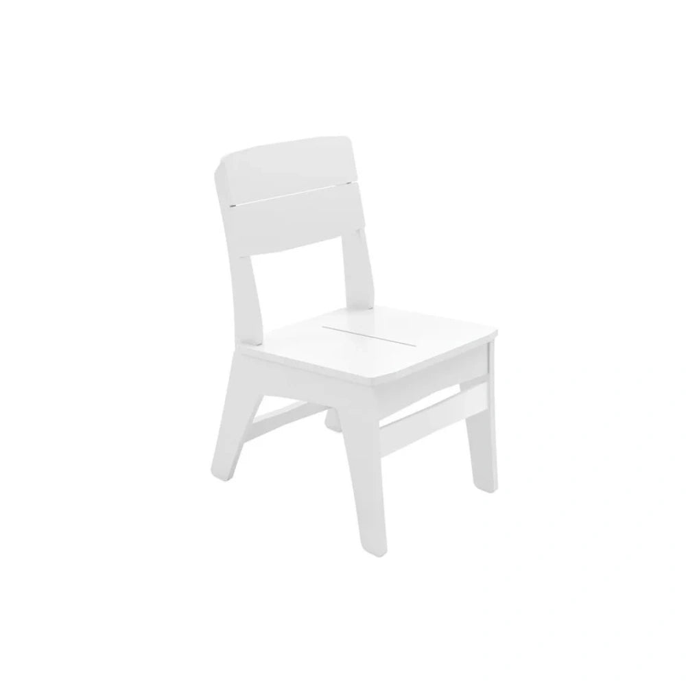 A small white resin chair with a slatted backrest and seat, shown on a plain white background.