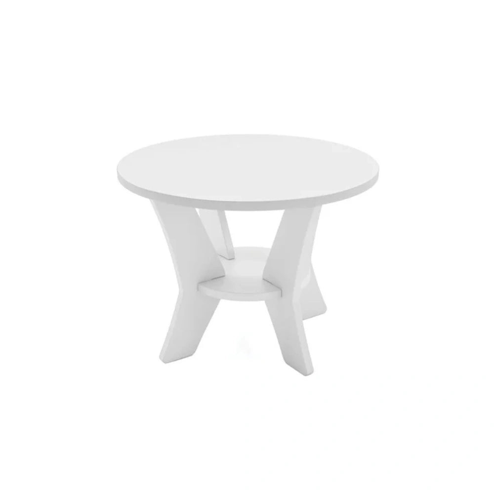 A modern round side table with a white plastic or resin finish, featuring a thick circular tabletop and three sculptural legs that form a central support ring, shown on a solid white background.