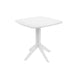 A modern square resin side table with a white top and a sculptural tripod base, shown on a seamless white background.