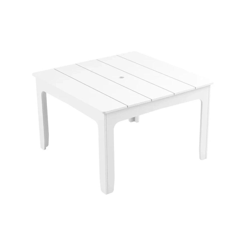 A white outdoor resin square table with a slatted top and four legs, shown on a plain white background.