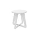 A minimalist white side stool with a circular seat and sculptural, angular legs, shown on a solid white background.